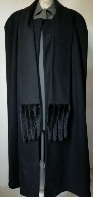 Vintage Loring Black Wool Cape Mink Fur Tails Scarf Wrap Coat 3x/4x