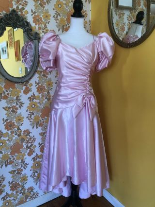 Vintage 80s Party Prom Pink Shiny Satin Glam Extreme Bows Wild Child Dress S/m