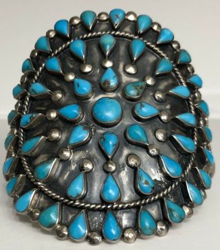 Big Vintage Zuni Sterling Silver Turquoise Cluster Cuff Bracelet Huge
