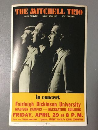 Vintage The Mitchell Trio John Denver Concert Poster Fairleigh Dickinson