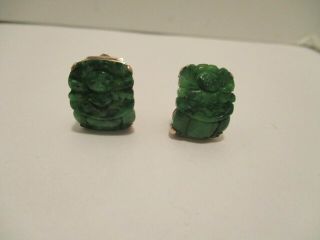 Earrings 14k Rose Gold Green Jade Carved Flowers 11/16 In Pierced Vintage 8.  6 Gr