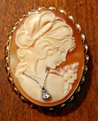 14k Yellow Gold Carved Shell Cameo Pendant/brooch With Diamond 1 1/4 " X 1 "