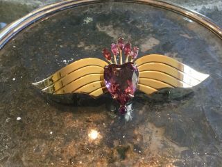 Vintage Coro Sterling W Gold Wash Pin Brooch W Heart Amethyst Color Set & Wings