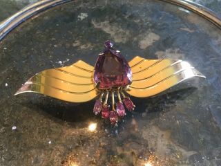 Vintage Coro Sterling w gold wash pin brooch w heart amethyst color set & wings 3