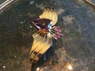 Vintage Coro Sterling w gold wash pin brooch w heart amethyst color set & wings 4