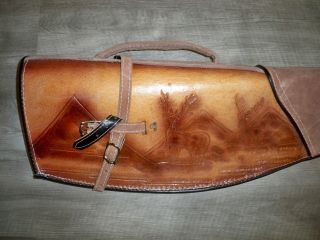 Vintage Suede & Leather Hand Tooled Burned Gun Case Brown Shotgun Rifle 35 2