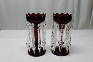 Pair Vintage Ruby Glass Mantle Lusters With Prisms 13 " Tall Bohemian/czech