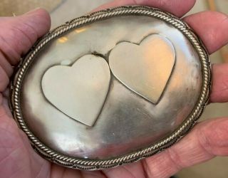 Vintage Navajo Double Heart Belt Buckle.  All Silver.  3 5/8 X 2.  75 "