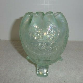 Very Rare Vintage Northwood Fine Cut And Roses Ice Green Footed Rose Bowl
