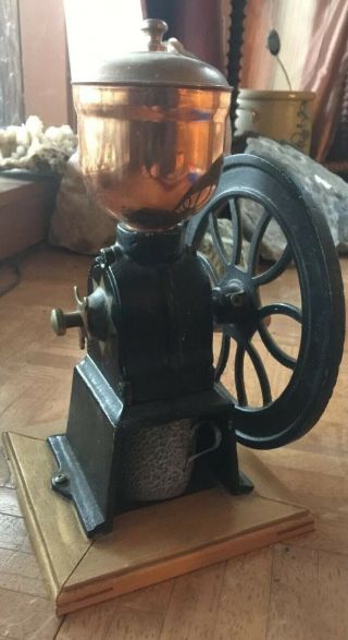 Vintage Single Wheel Brass Cap Lid Black Cast Iron Coffee Grinder Mill Wood