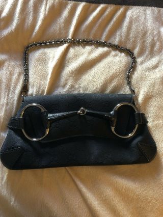 Gucci Horsebit Clutch Purse Chain Shoulder Womens Handbag,  Black Vintage Canvas