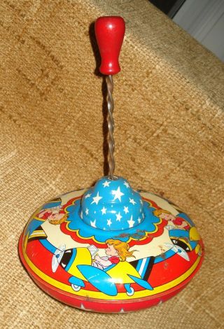 Vintage Ohio Art Co Spinning Toy Top W/ Wooden Handle