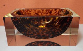 Vintage Italian Rectangle Cased Art Glass Tortoise Bowl Mcm Murano Sommerso