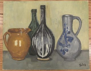 Vintage Signed Lévy Oil Painting Still Life Jugs/pitchers Belgian Board 13x16 "