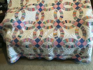 Vintage Double Wedding Ring Patchwork Quilt 64” By 72”