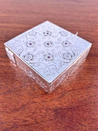 Italian Solid Silver 800 Compact W/ Lipstick Holder: Hand Engraved W/ Rubies