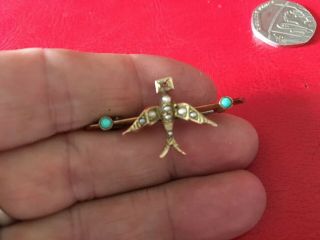 Ladies Lovely Vintage 9ct Gold Bird Brooch Turquoise Seed Pearl & Ruby