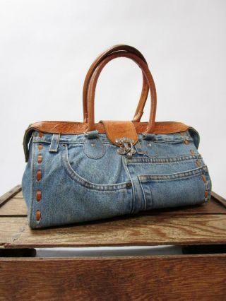 Vintage Levi Strauss Denim Blue Jean Canvas Tooled Leather Satchel Bag Zip Purse