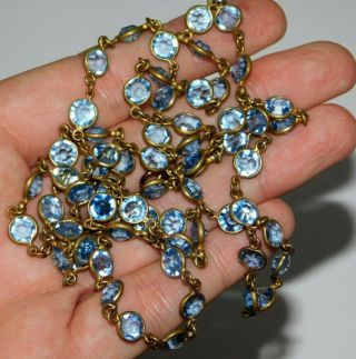 Antique Edwardian - Art Deco Long Open Bezel Set Blue Topaz Paste Necklace Chain