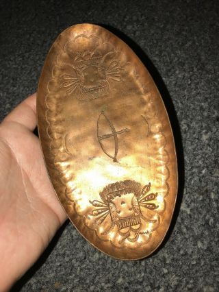 Vintage Native American Indian Solid Copper Ashtray Hand Etched Art