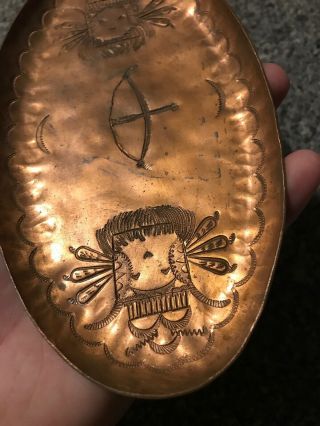 Vintage Native American Indian Solid Copper Ashtray Hand Etched ART 9