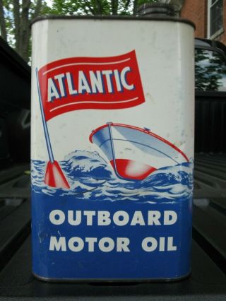 Vtg 1950s Atlantic Outboard Motor Oil 1 Quart Oil Can Boat Graphic Rare Gas Oil