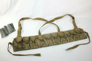 Vintage Japanese Army Wwii Canvas Ammo Belt W/ 7.  62 Clips,  1940 