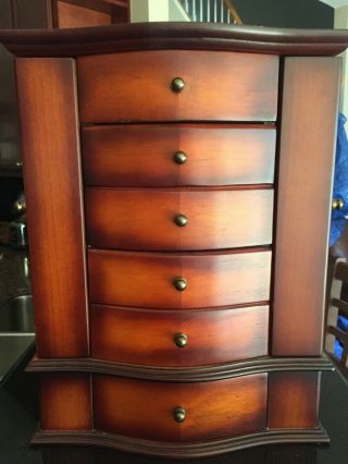 Vintage 80s Wood Armoire 4 drawer Organizer Jewelry Box w/ side necklace holders 2