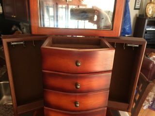 Vintage 80s Wood Armoire 4 drawer Organizer Jewelry Box w/ side necklace holders 4
