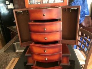 Vintage 80s Wood Armoire 4 drawer Organizer Jewelry Box w/ side necklace holders 7