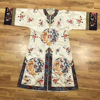 Antique Vintage Chinese Silk Embroidered Robe Dragons Koi Flowers