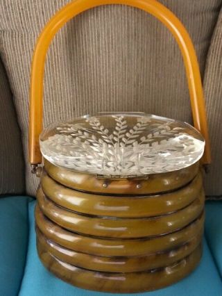 Rare Vintage 60s Lucite Beehive Tortoise Shell Purse W/ Thick Etched Lid 2 Bees