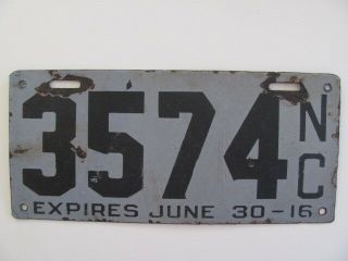 1916 North Carolina Nc License Plate Tag,  Porcelain (3574) Vintage,  Rare