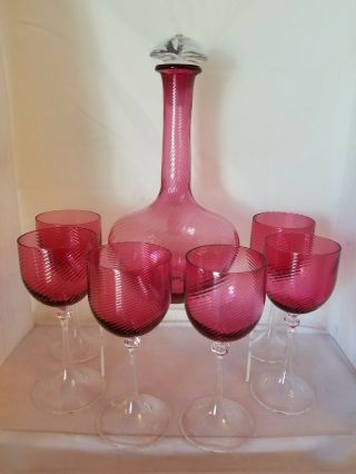 Vintage Venetian Cranberry Swirl Glass Decanter And 6 Goblets - Funnel Stem - Ra