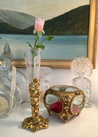Vintage Jewelry Casket Beveled Glass Gilt Ormolu Case Trinket Box