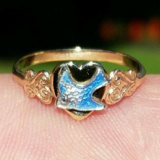 Vintage Childs Bluebird Ring 9ct Solid Gold - Boxed - Enamel Blue Bird Of Happiness