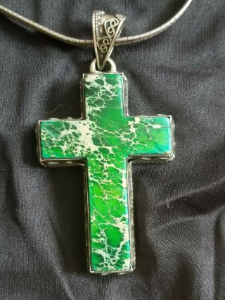Vintage Sterling Silver Large Green Jade Cross And Sterling Chain