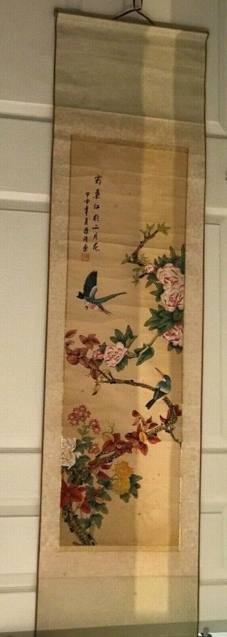 Antique Chinese Qing Scroll Wall Hanging Painting On Silk Porcelain Handles Seal