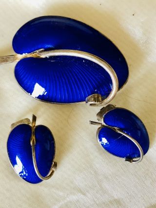 Volmer Bahner Blue Enamel Sterling Silver Lily Brooch/earrings Set - Rare - Denmark