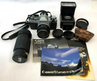 Vintage Canon Ae - 1 Japan 35mm Camera Bundle W/ 2 Lenses Focal Dt - 200 Flash Books