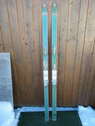 Vintage Wooden 74 " Long Green Skis W/ Cable Bindings Signed Vostra