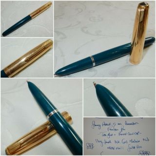 Vintage Parker 51 Fountain Pen Teal Blue & R Gold Cap 14k Med Nib Serviced