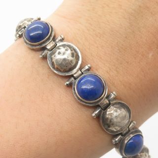 Vintage 925 Sterling Silver Real Lapis Lazuli Gemstone Link Bracelet 7 1/4 "