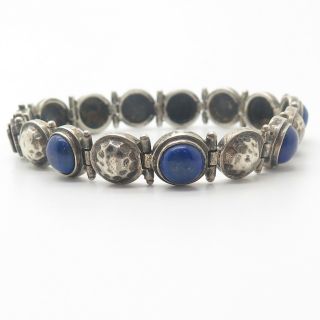 Vintage 925 Sterling Silver Real Lapis Lazuli Gemstone Link Bracelet 7 1/4 