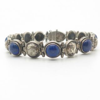 Vintage 925 Sterling Silver Real Lapis Lazuli Gemstone Link Bracelet 7 1/4 