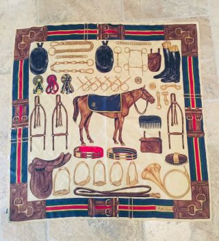 Vtg Ralph Lauren Equestrian Themed Horse Centered 35 " Sq Silk Scarf Perfec