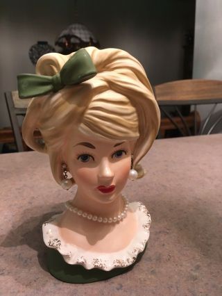 Vintage Lady Head Vase Relpo K - 1612 With Faux Pearls 7 1/2” High