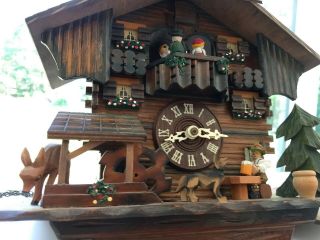 Vintage Swiss Cuckoo Clock chalet dancers water wheel beer fawn dog 11