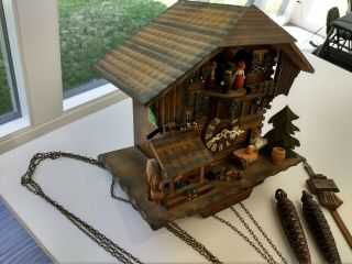 Vintage Swiss Cuckoo Clock chalet dancers water wheel beer fawn dog 4