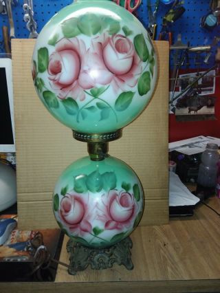 Vintage Double Globe Lamp.  " Gone With The Wind " Hurricane Style Green Wity Roses